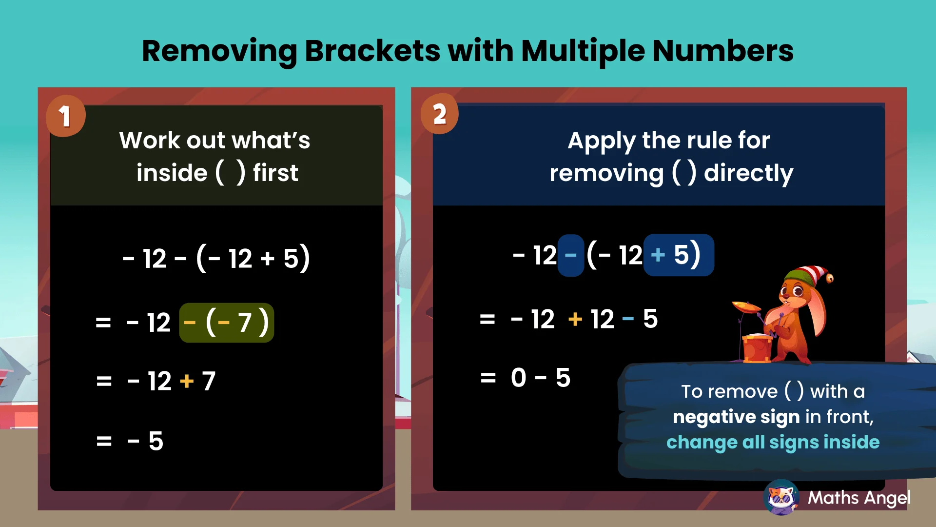 Steps to remove brackets with multiple numbers, solving -12 - (-12 + 5) by solving inside first or applying the rule to change signs. Result is -5.