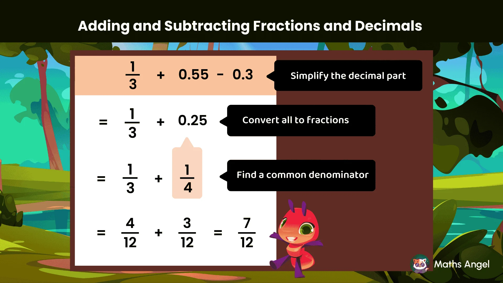 Adding and subtracting fractions and decimals with conversion of decimals to fractions, finding a common denominator, and solving for the sum.