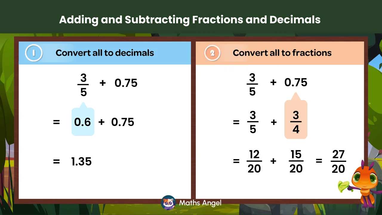 Adding and subtracting fractions and decimals using both decimal and fraction conversion methods
