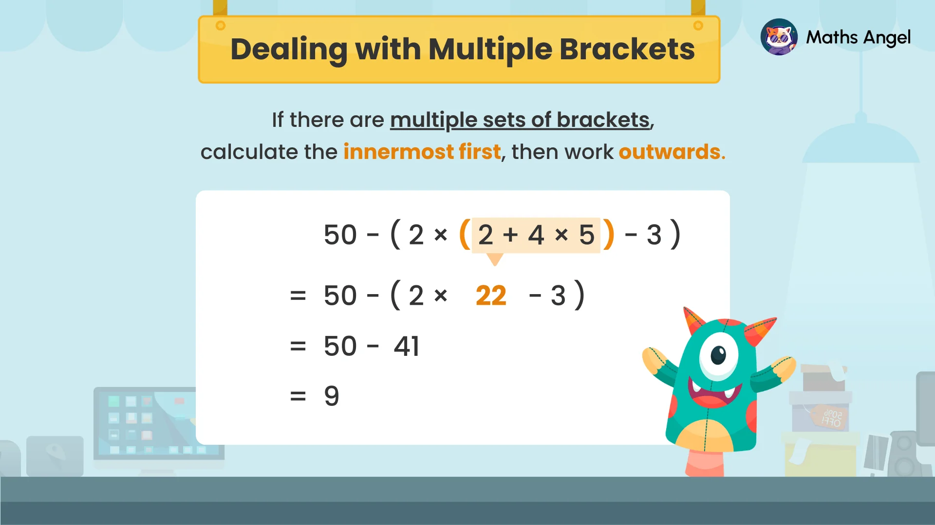 Step by step example of solving an expression with multiple brackets, 50-(2*(2+4*5)-3), using BIDMAS/BODMAS.