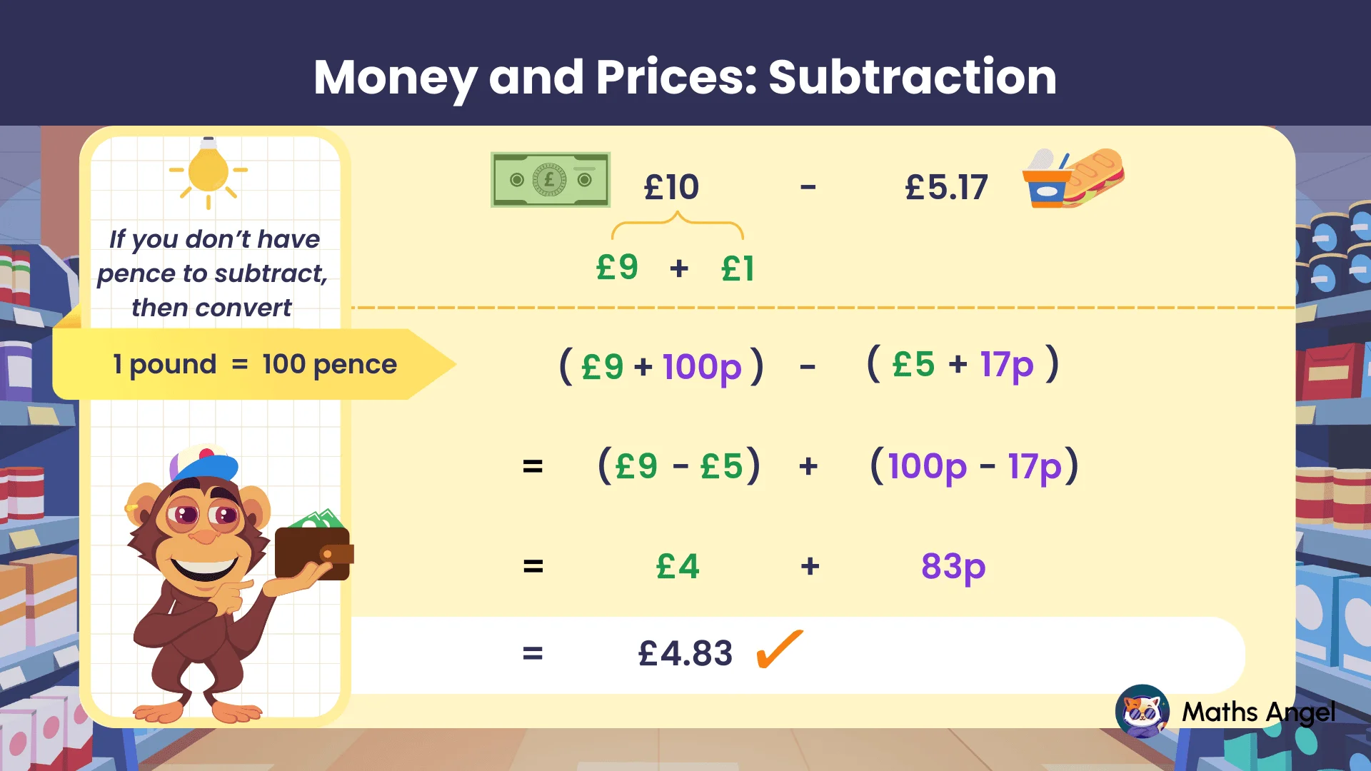 Subtracting money in UK currency with pounds and pence, and step-by-step calculation of £10 minus £5.17 to find the difference of £4.83.