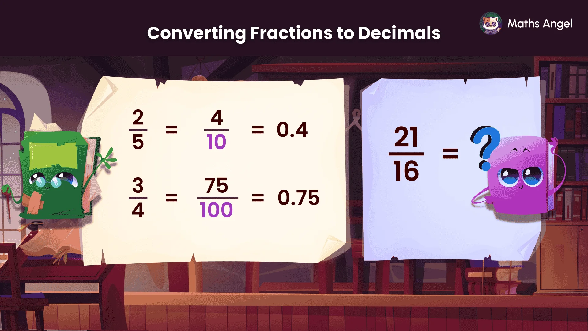 Converting fractions like 2/5 and 3/4 to decimals using equivalent fractions and prompting 21/16 as a challenge.