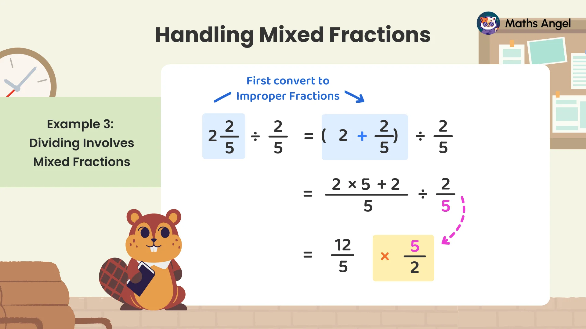 Dividing mixed numbers: converting 2⅖ to an improper fraction and dividing by ⅖ using the reciprocal method