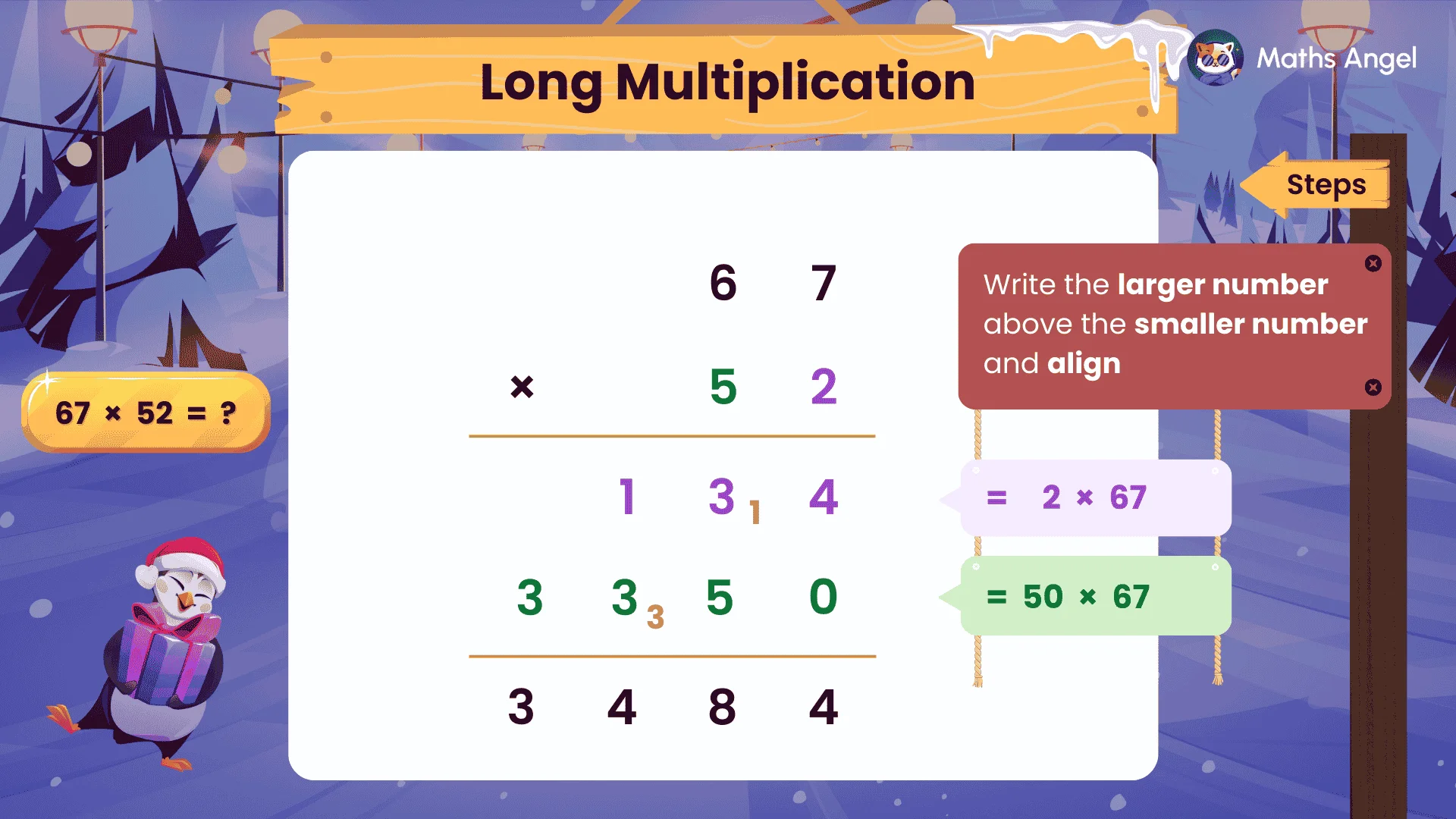Long multiplication of 67 by 52 broken into steps, showing partial products and final answer 3484.