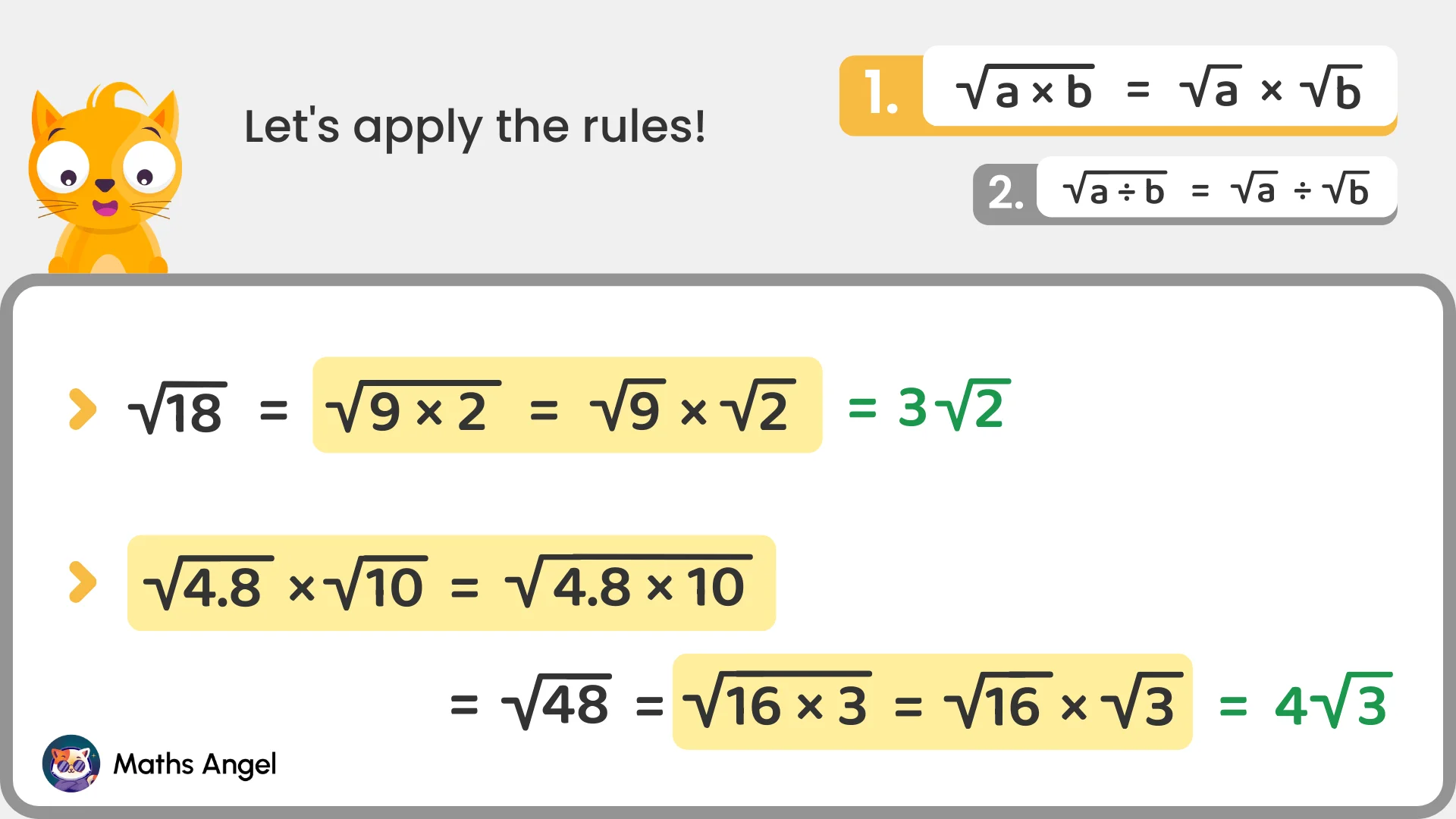Multiplying square roots step by step: √18 simplified to 3√2 and √4.8 × √10 simplified to 4√3