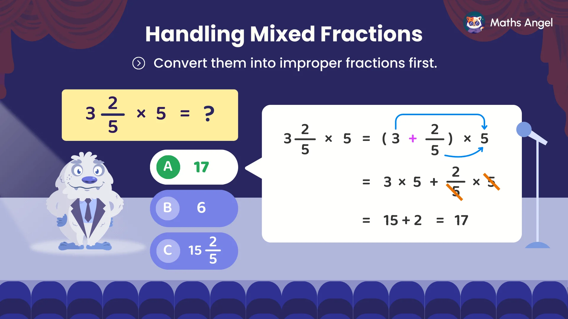 Converting mixed numbers to improper fractions before multiplying, with worked example and final answer