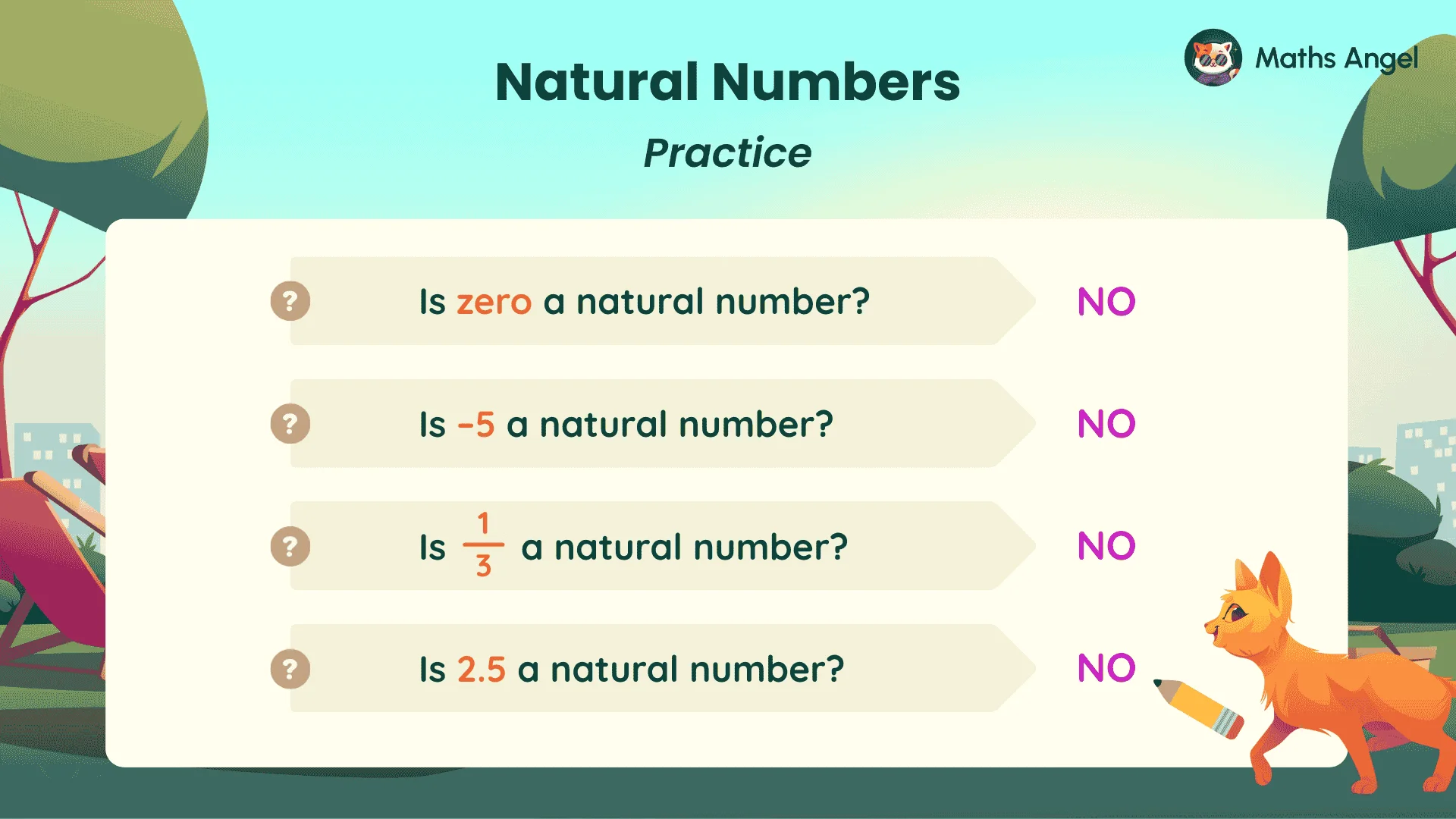 Practice questions showing zero, −5, 1/3, and 2.5 are not natural numbers