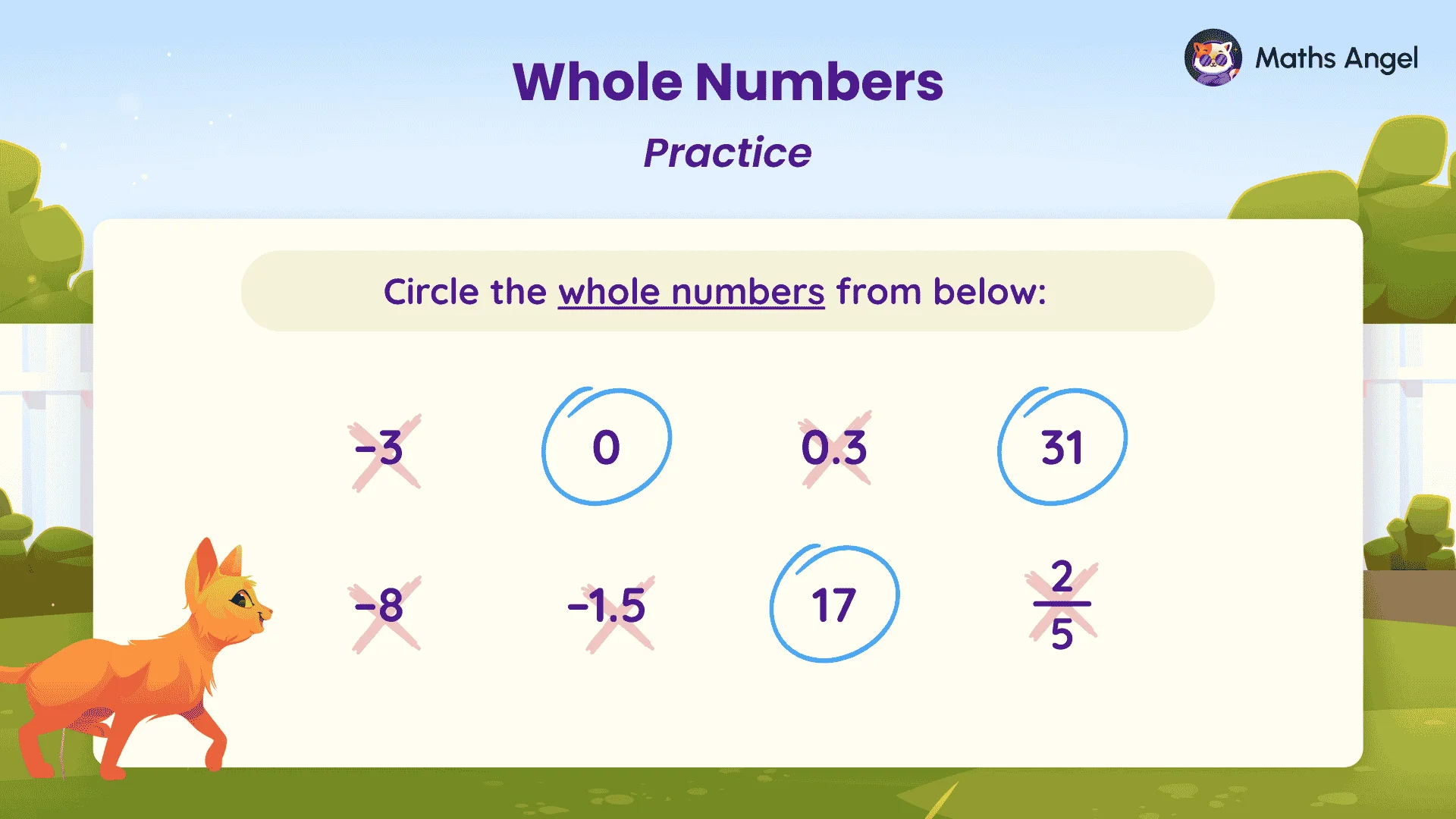 Identifying whole numbers: 0, 17, and 31 are whole numbers but −3, −8, −1.5, 0.3, and ⅖ are not