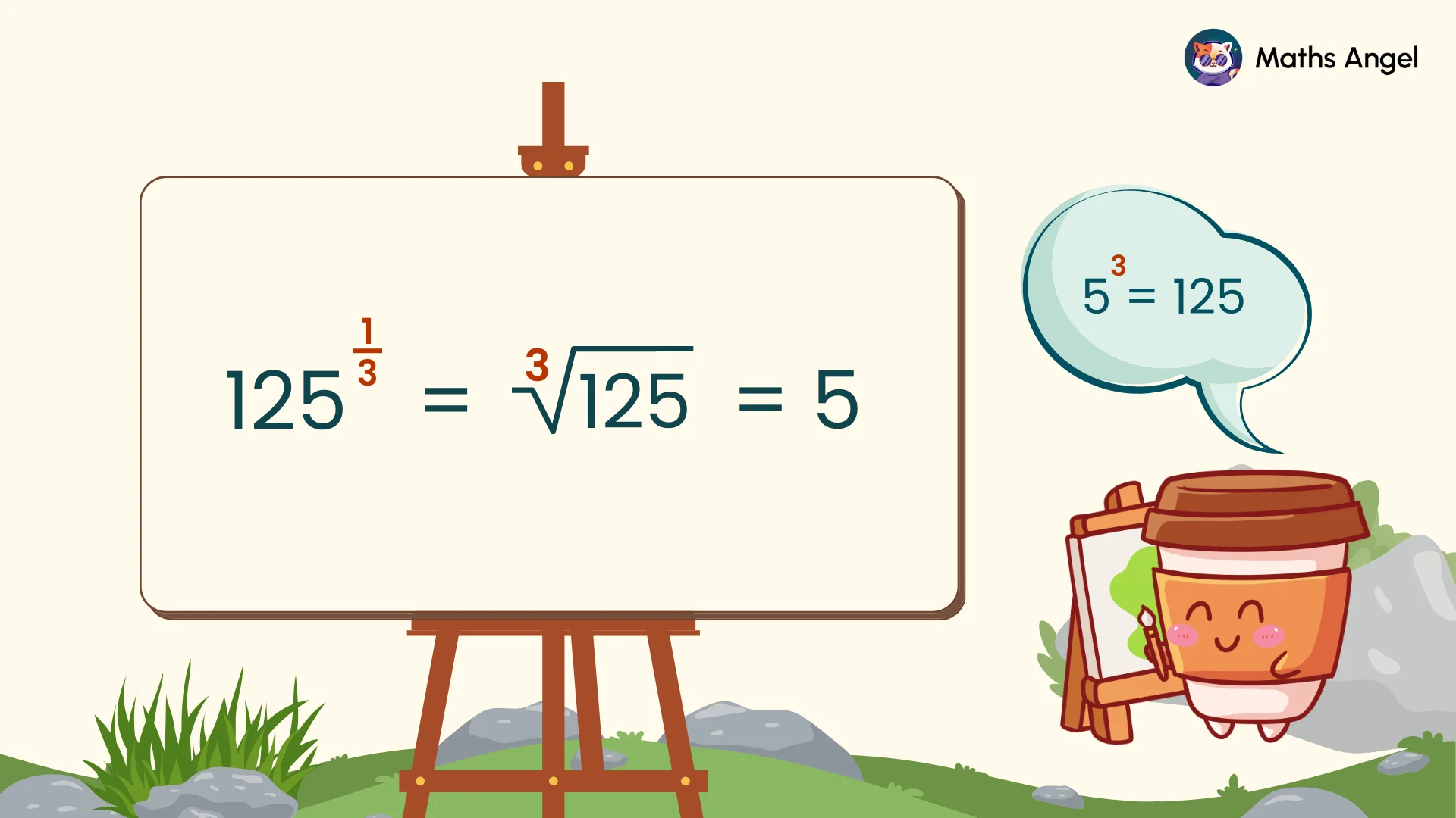 Cube root of 125 using fractional indices: 125 to the power ⅓ = ³√125 = 5, since 5³ = 125