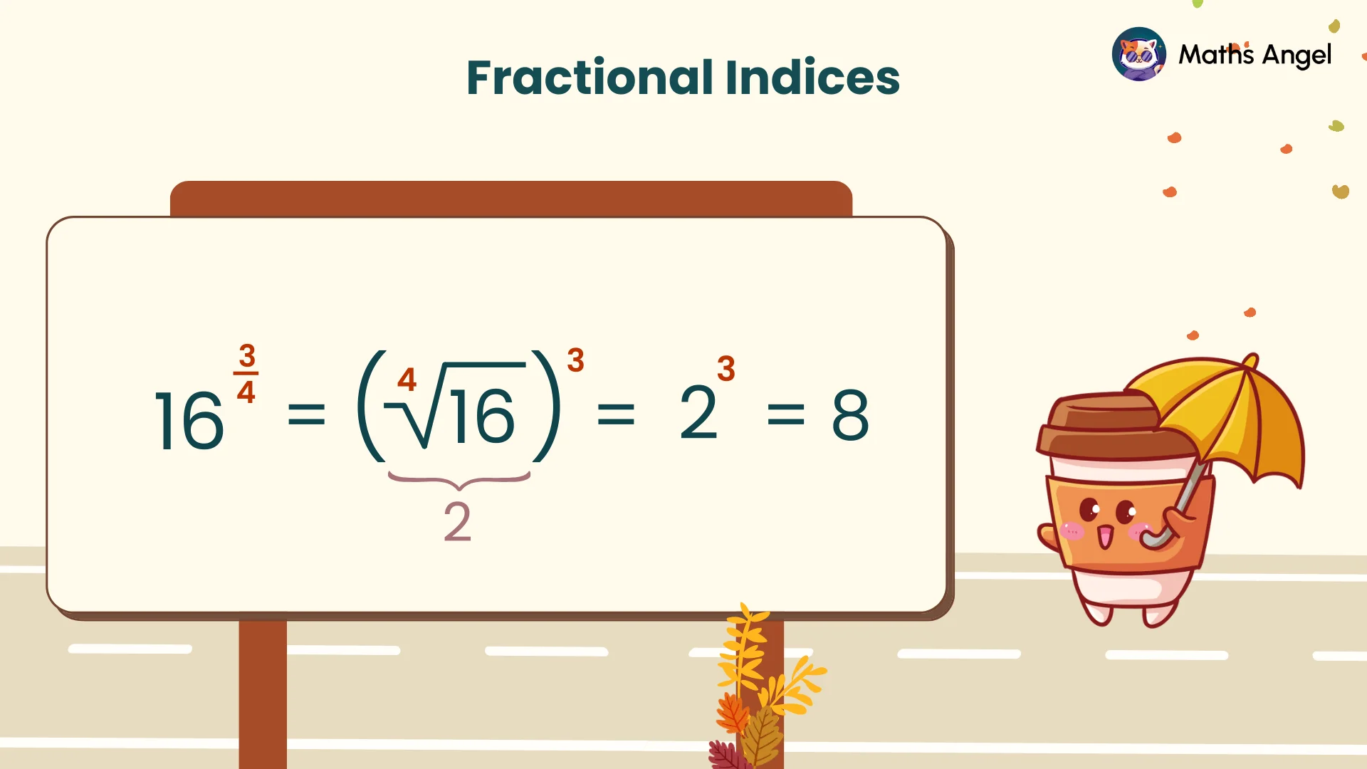 Fractional indices example: 16^(3/4) step by step — fourth root of 16 is 2, then 2^3 = 8