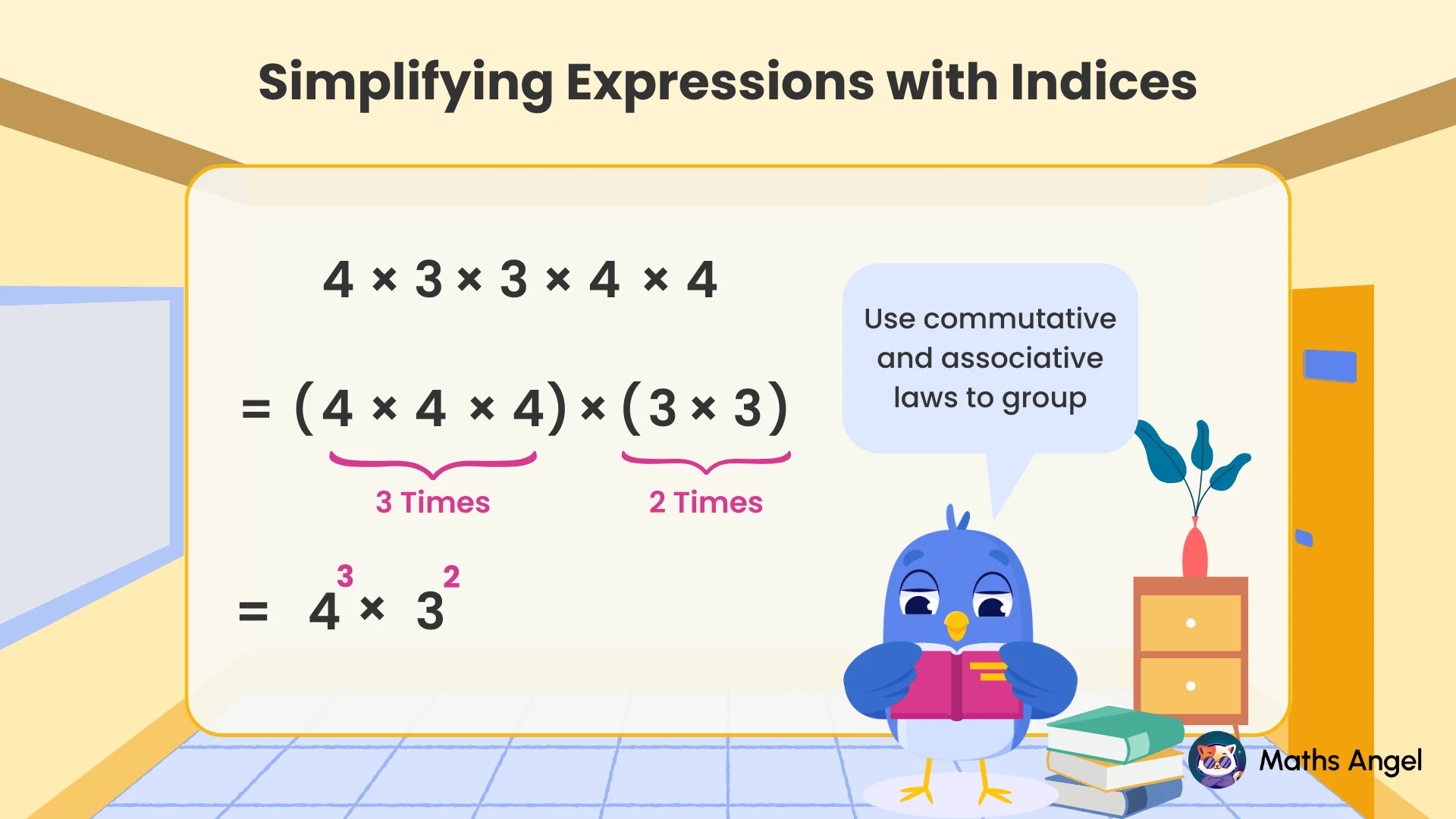 Cartoon blue bird explaining how to simplify 4 × 3 × 3 × 4 × 4 to 4³ × 3² using commutative and associative laws.