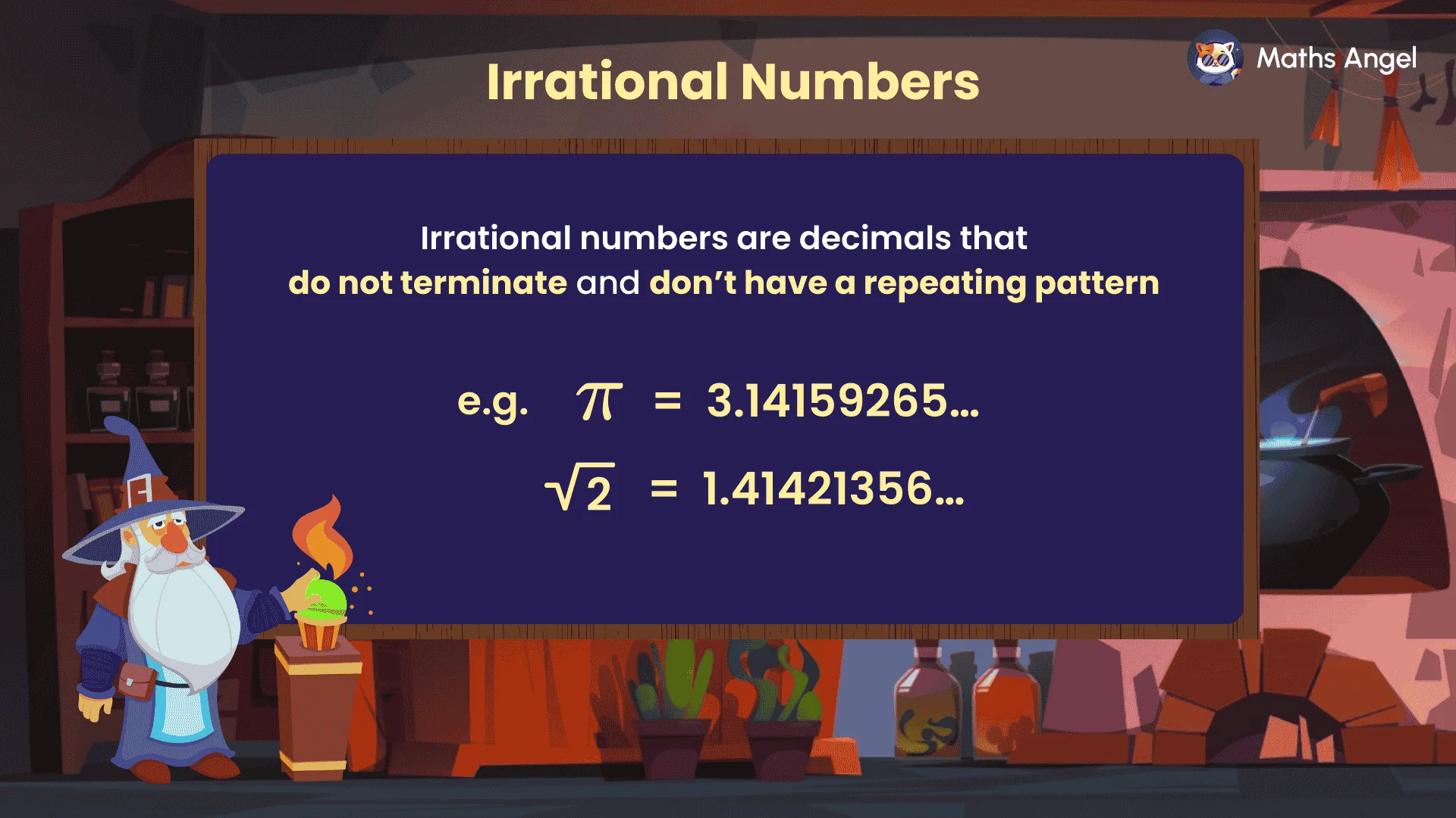 Explaining that irrational numbers are non-terminating decimals without repeating patterns, with examples like π and √2.