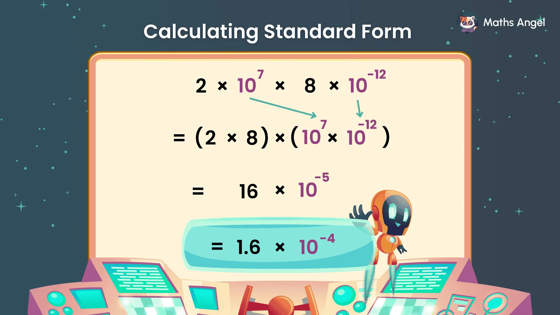 Multiplying in standard form: (2 × 10⁷) × (8 × 10⁻¹²) worked step by step