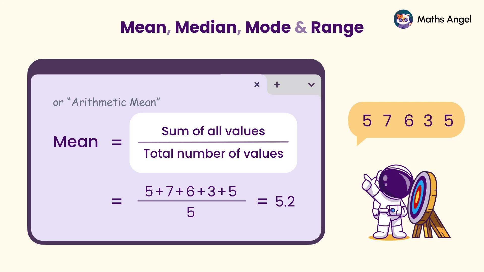 Calculating the mean by adding all values and dividing by the count, with a worked example using five numbers.
