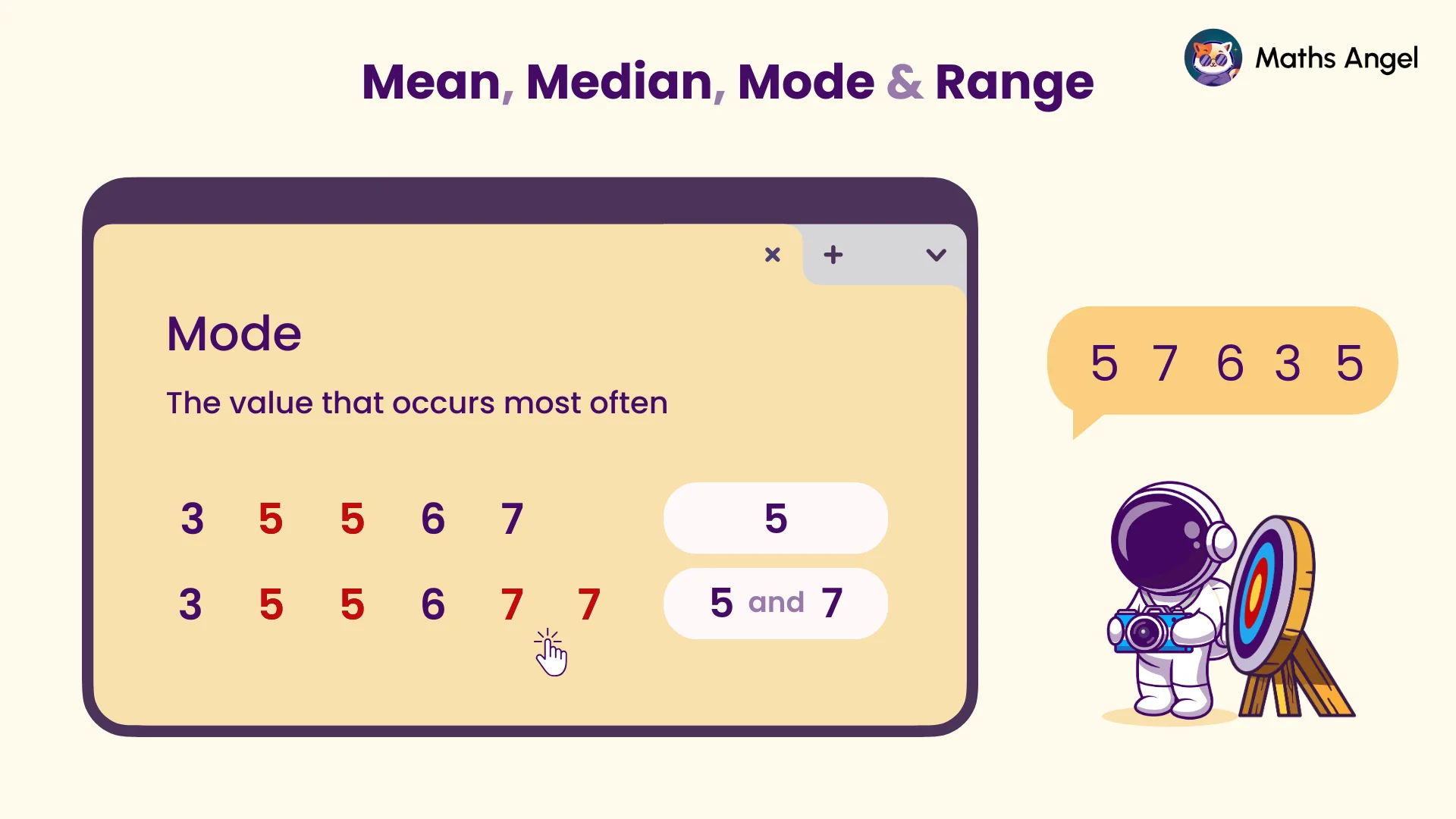 Identifying the mode as the most frequently occurring value in a data set, shown with example numbers.