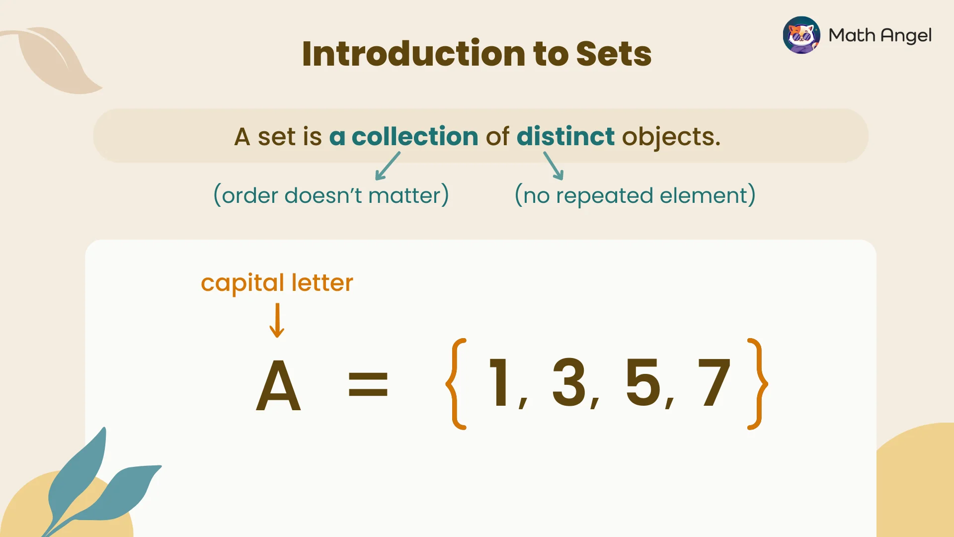 Introduction to sets showing a set A = {1, 3, 5, 7} defined as a collection of distinct objects, with no repeated elements and order doesn't matter.