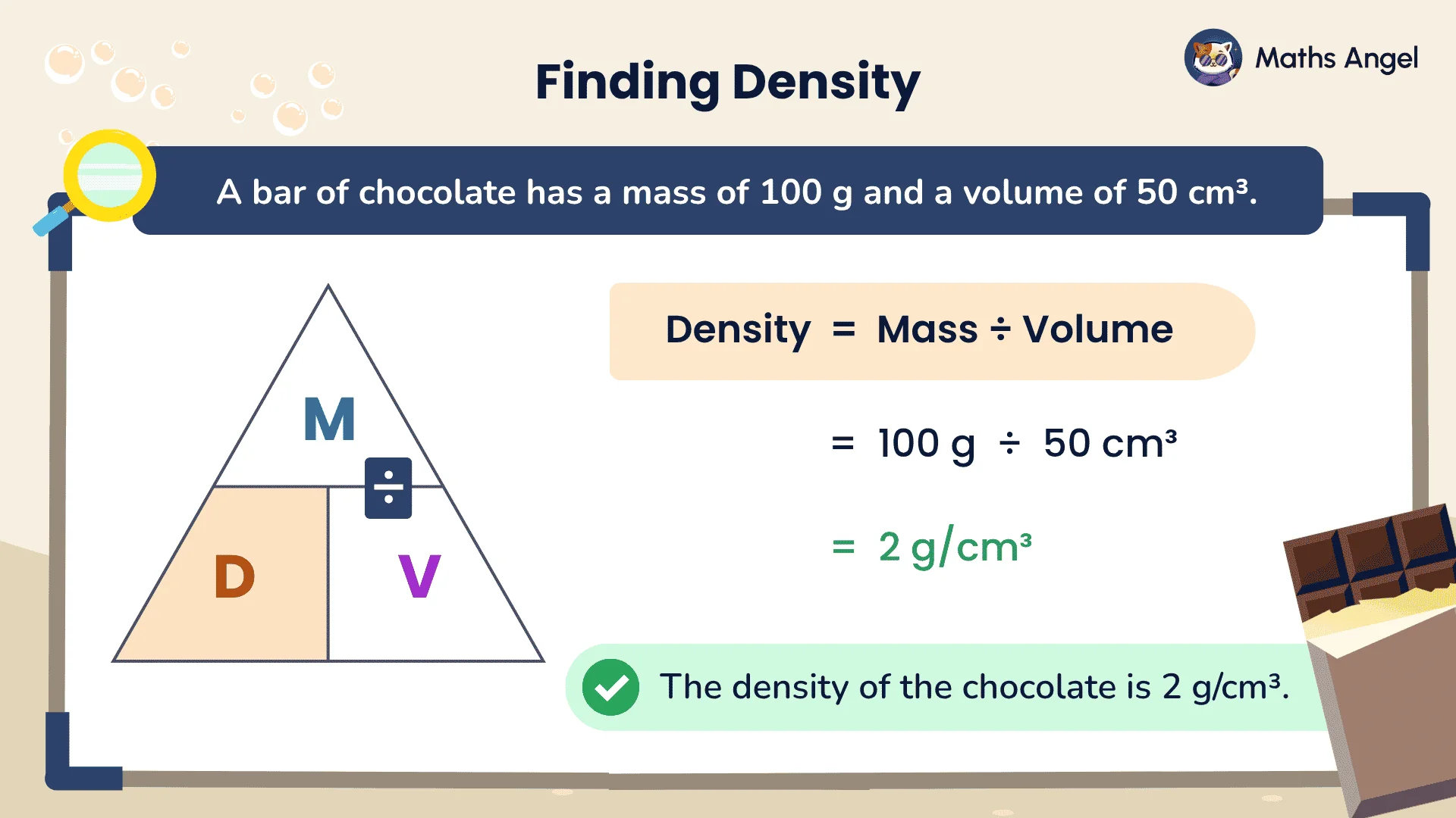 Finding density of chocolate with mass 100 g and volume 50 cm³, giving density 2 g/cm³