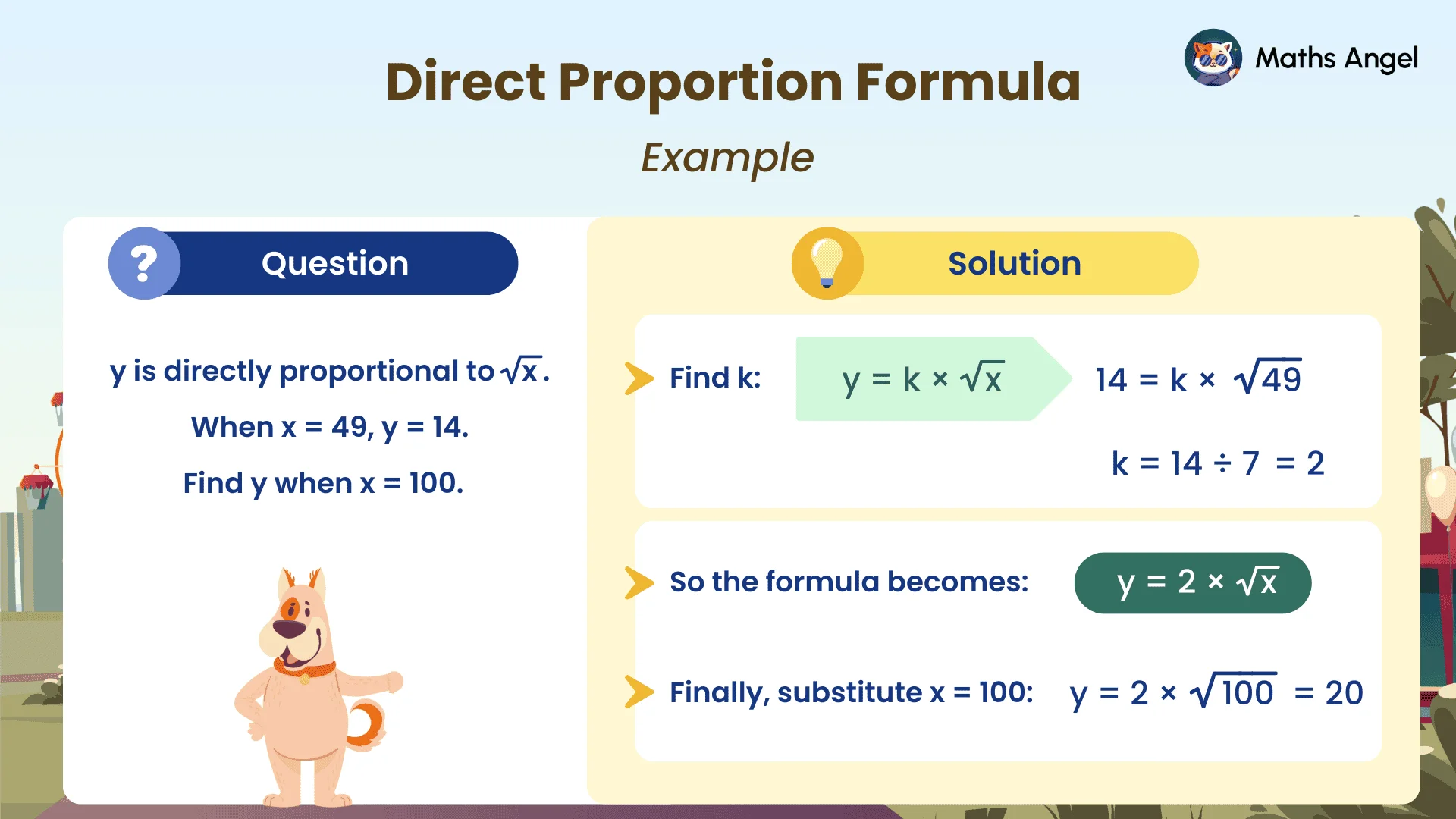 Direct proportion to √x example: x=49, y=14 gives k=2, so y=2√x and when x=100, y=20.