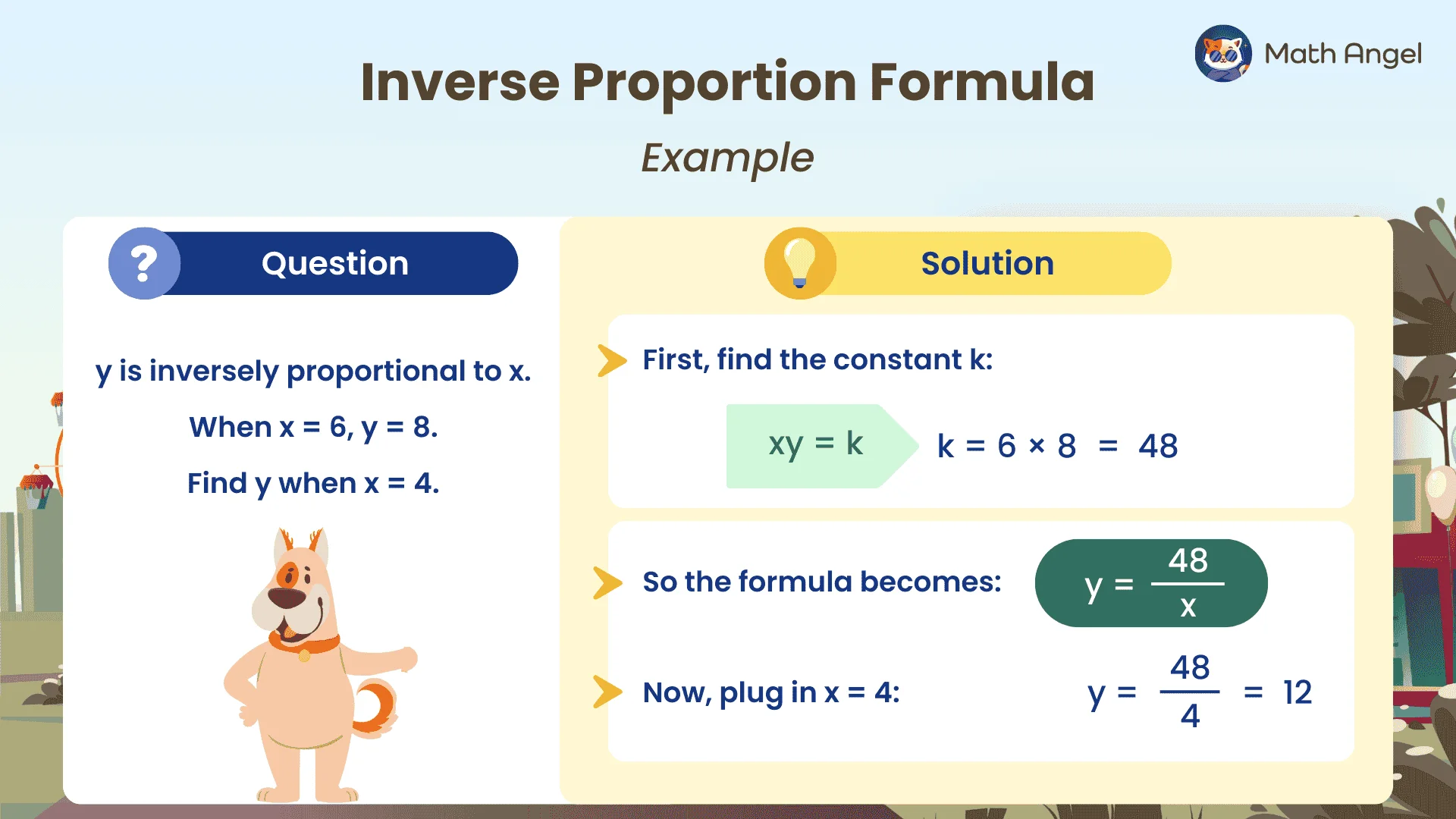 Inverse proportion example y ∝ 1/x: x=6 gives y=8, so k=48 and y=12 when x=4.