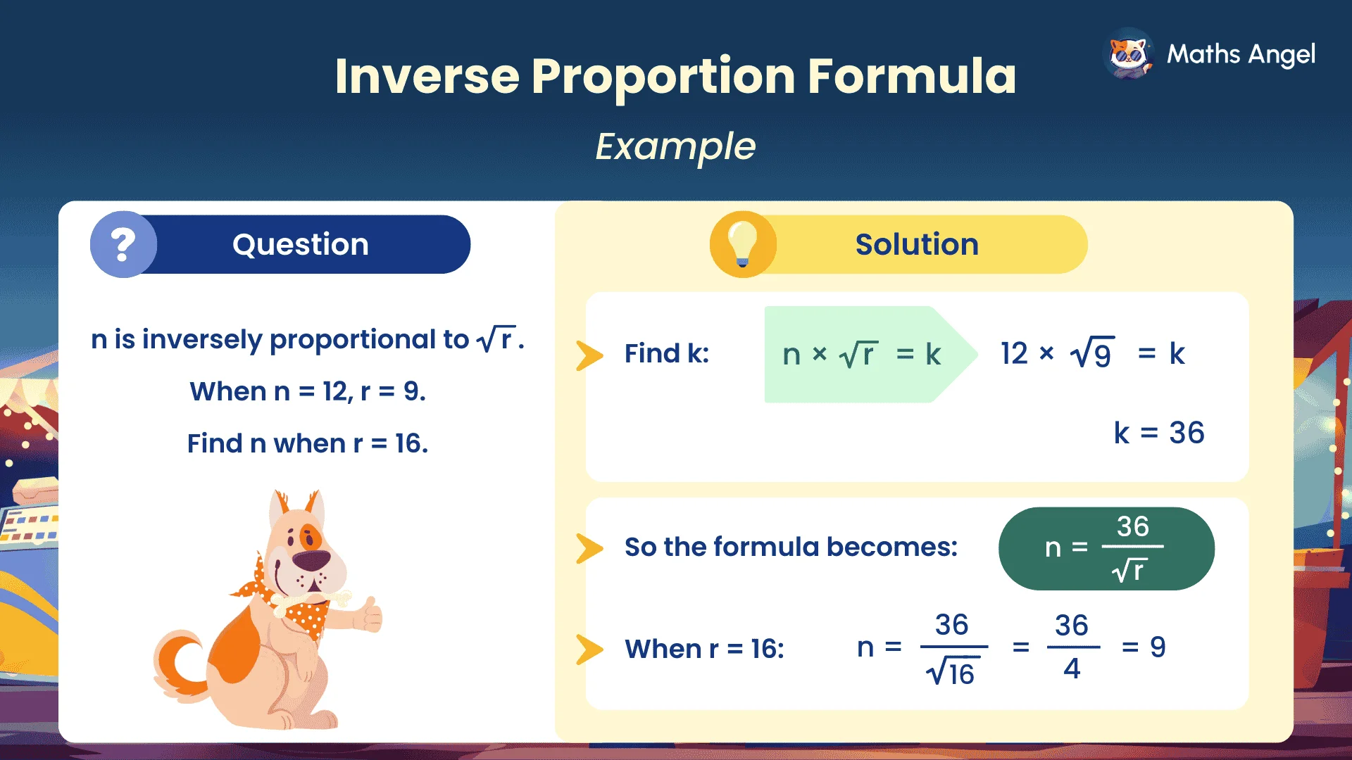 Inverse proportion example n ∝ 1/√r: n=12 when r=9, so k=36 and n=9 when r=16.