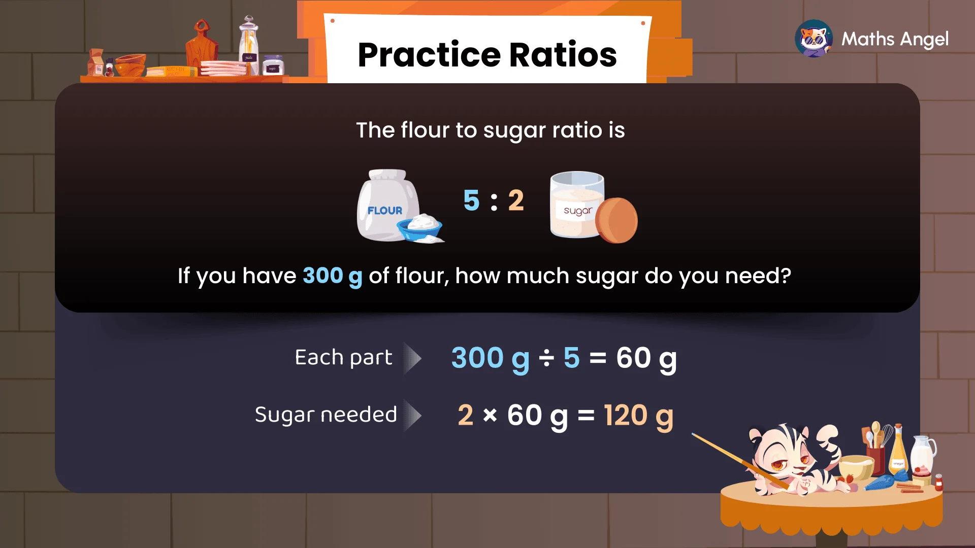 Ratio calculation showing flour to sugar ratio of 5:2 with a worked example of 300 g of flour, determining that 120 g of sugar is needed.