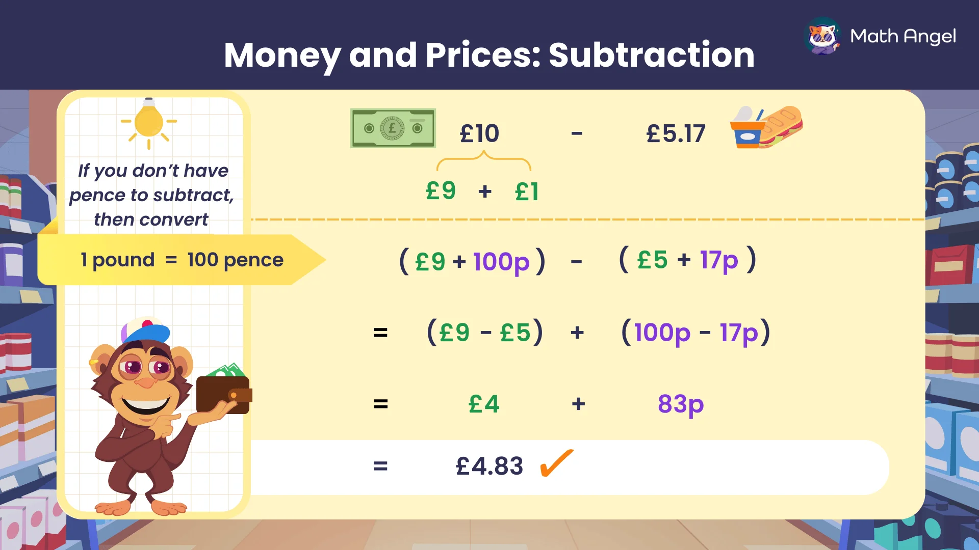 Subtracting money in UK currency with pounds and pence, and step-by-step calculation of £10 minus £5.17 to find the difference of £4.83.