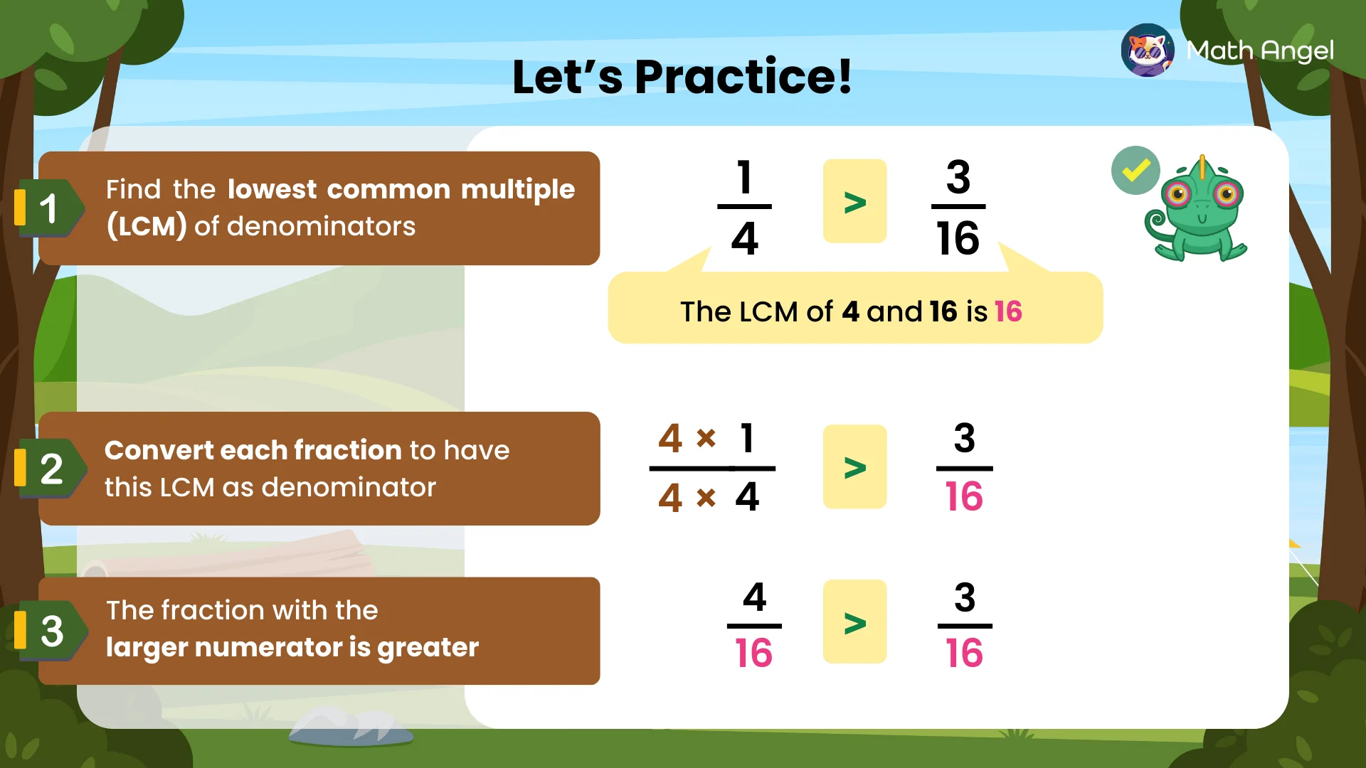 Comparing fractions by finding the lowest common multiple (LCM) of denominators, converting fractions, and identifying the larger numerator.