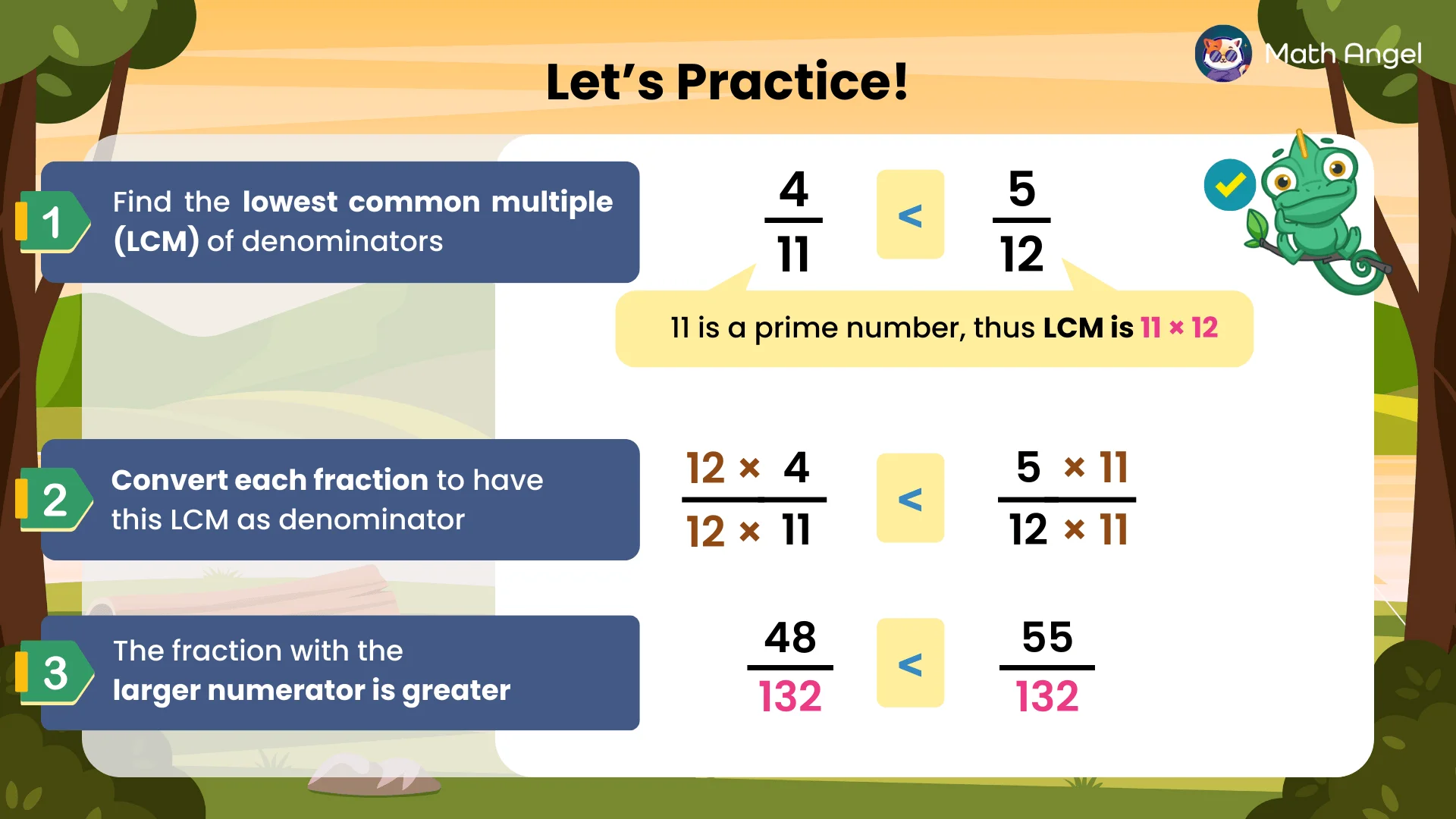 Step-by-step method comparing 4/11 and 5/12 by finding LCM 132, converting fractions to 48/132 and 55/132, showing 4/11 < 5/12.