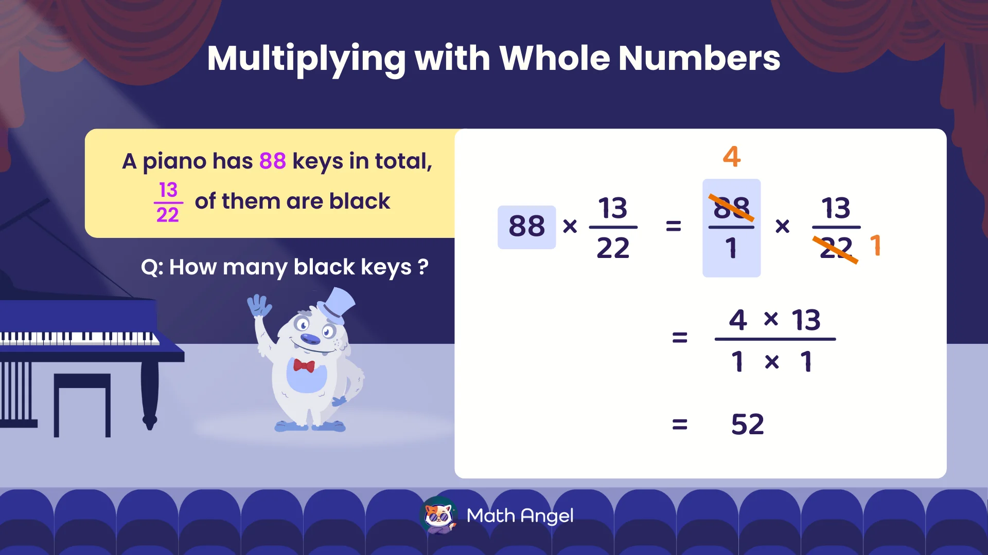 Multiplication of 88 piano keys by the fraction 13/22 to find the number of black keys, resulting in 52.