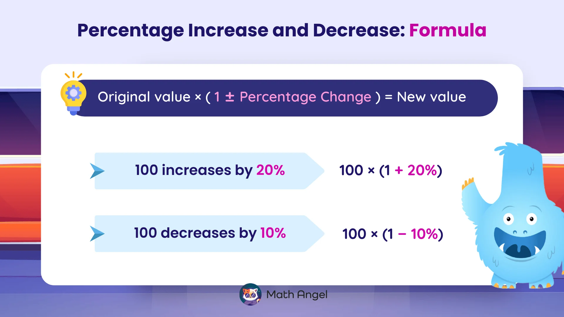 Formula for percentage increase and decrease with examples showing 100 increasing by 20% and decreasing by 10%.