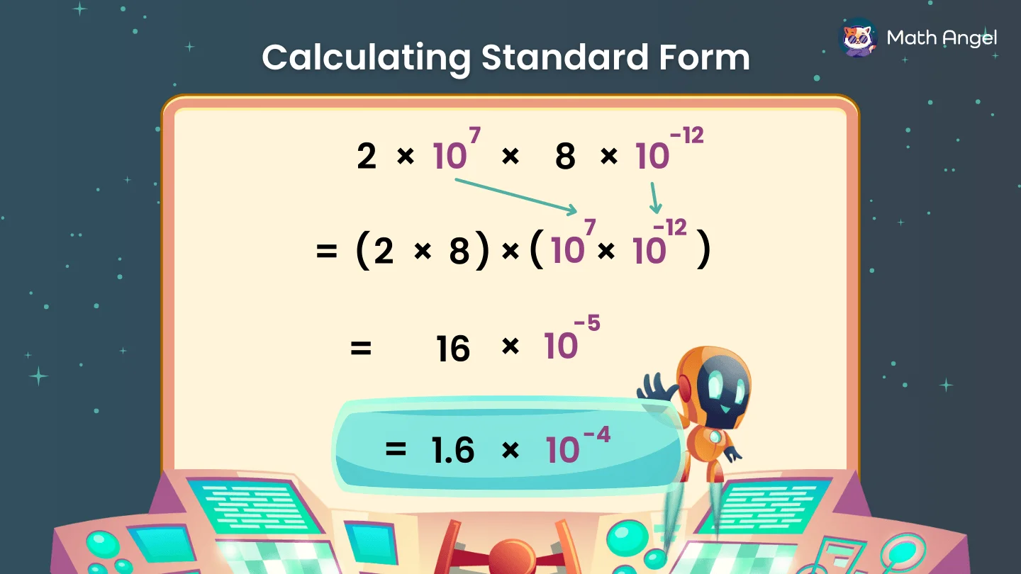Showing the multiplication of two times ten to the power of seven, multiplied by eight times ten to the power of negative twelve step by step.