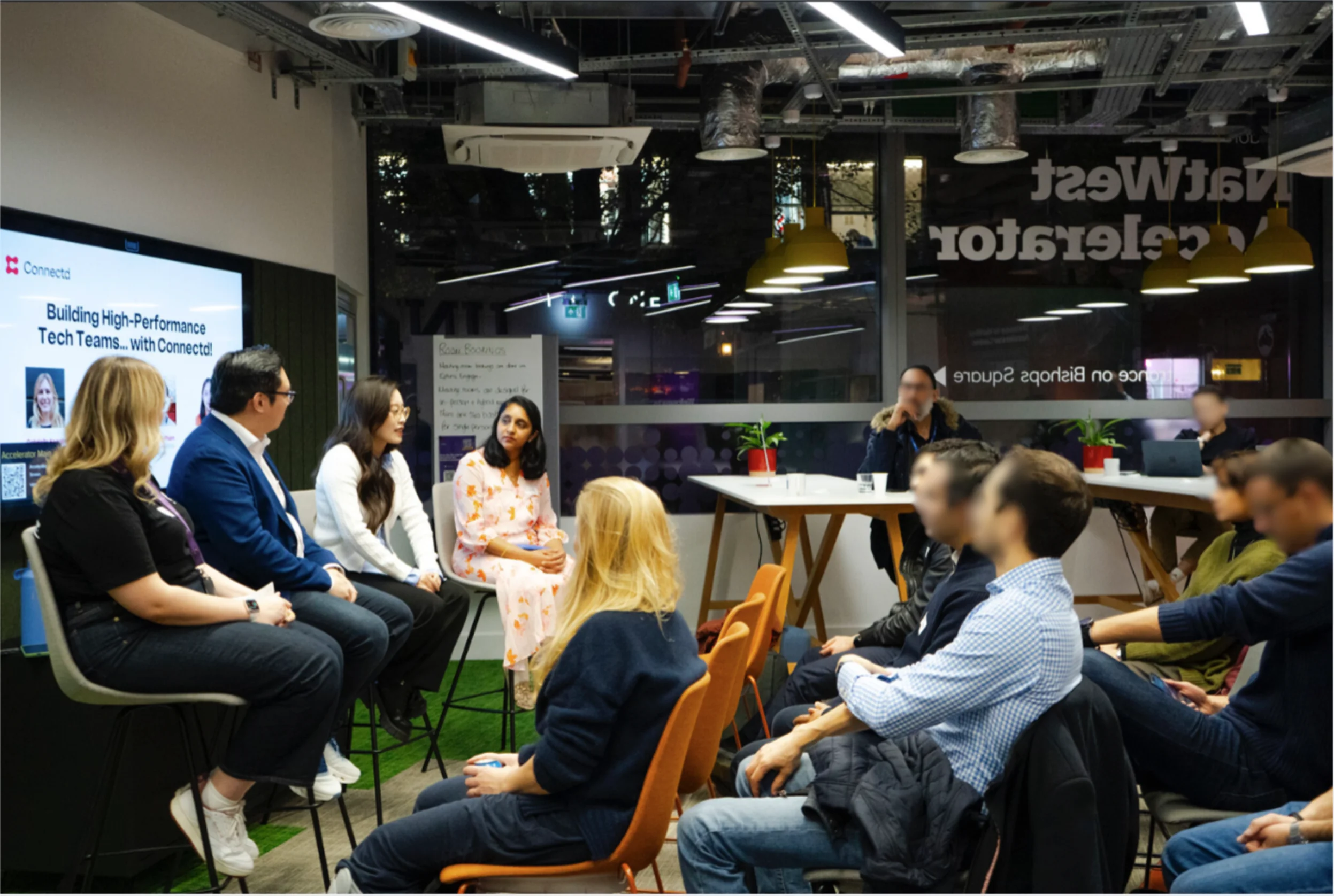 Maths Angel co-founders An-Nam Pham and Lexie Li on a Building High-Performance Tech Teams panel at the NatWest Entrepreneur Accelerator in November 2025, speaking to founders in the audience.